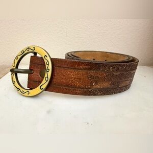 Gap Brown Leather Belt Floral Embossed Sz M Western Boho